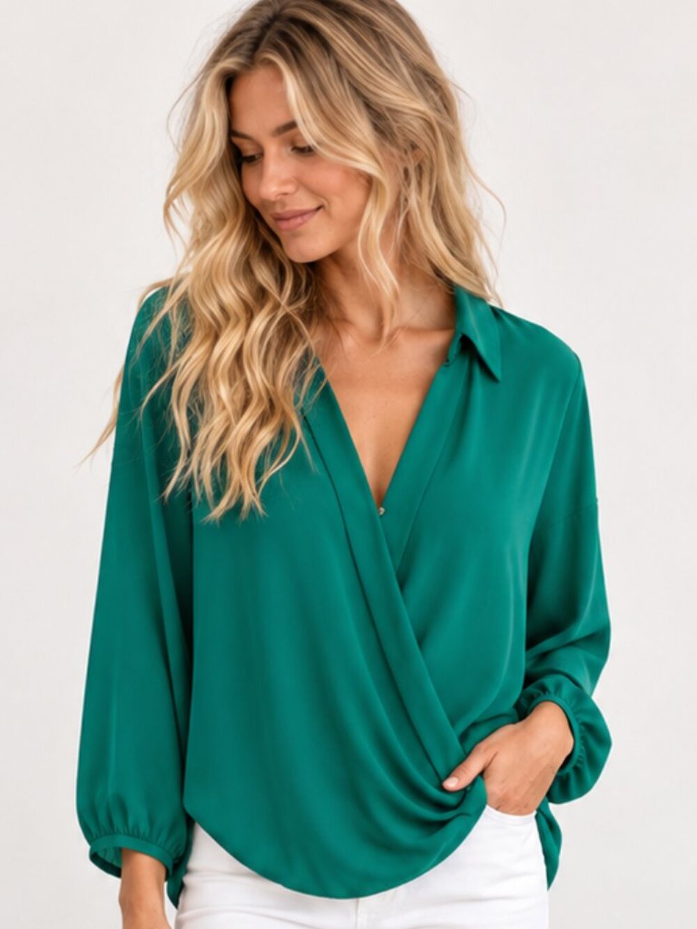 FOREVER 21 Crossover Drape Front Hi-Lo Collared Blouse Emerald Green Sz M NWOT